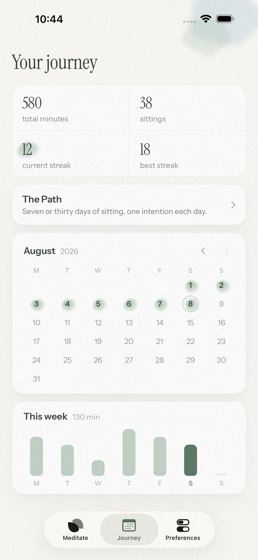 The Journey tab: total minutes, sittings, streaks, and a monthly calendar